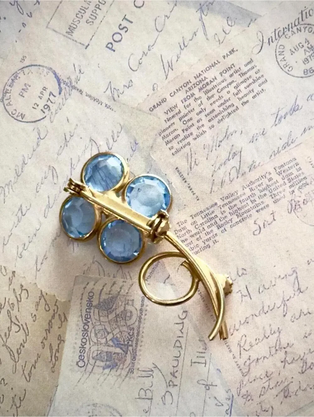 Vintage Blue Crystal Floral Brooch • Gold-Tone Pin • Romantic Heirloom Jewelry